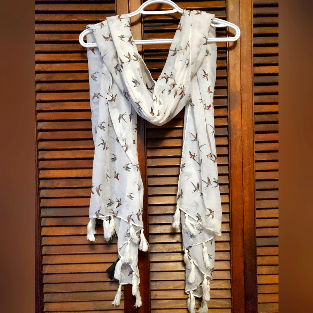 Torrid Bird Scarf Wrap Colorful Design White Fringe